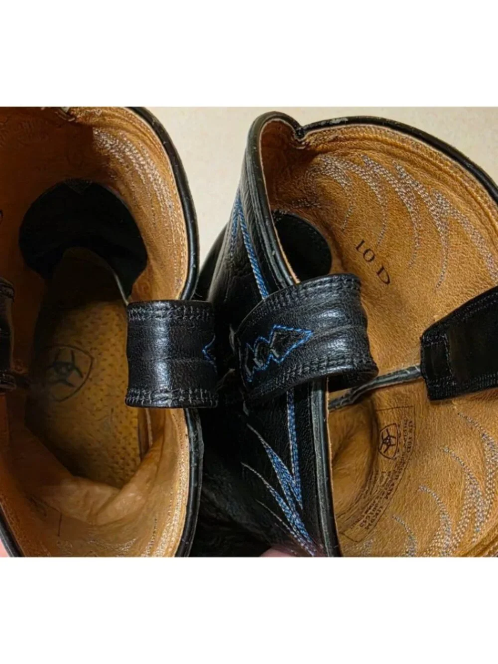 Ariat Mens Black Western Cowboy Leather Mid Calf Boots Top Blue Stitching 10 D